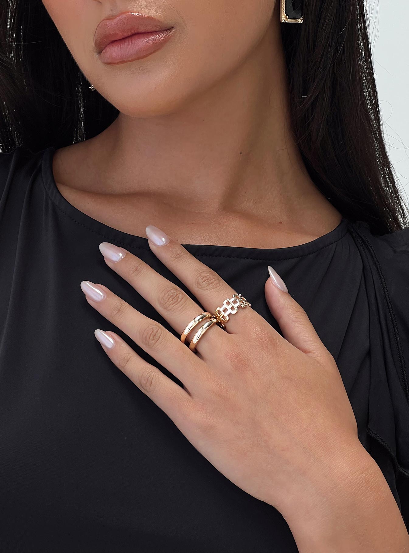 Ring Pack  Three rings, gold-toned, each ring uniquely different