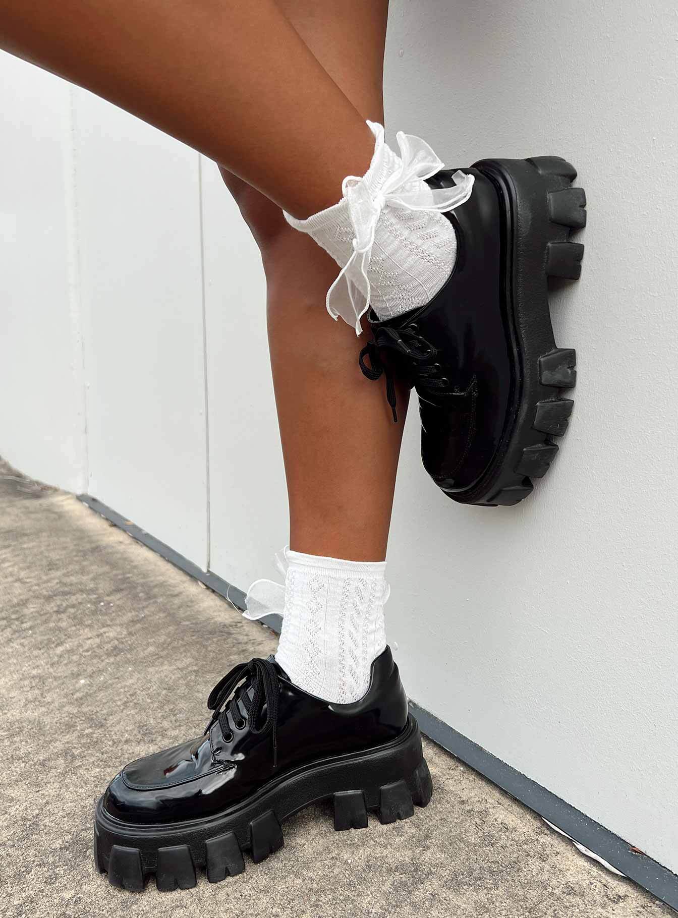 White socks Crew style Bow detail Good stretch Frill cuff