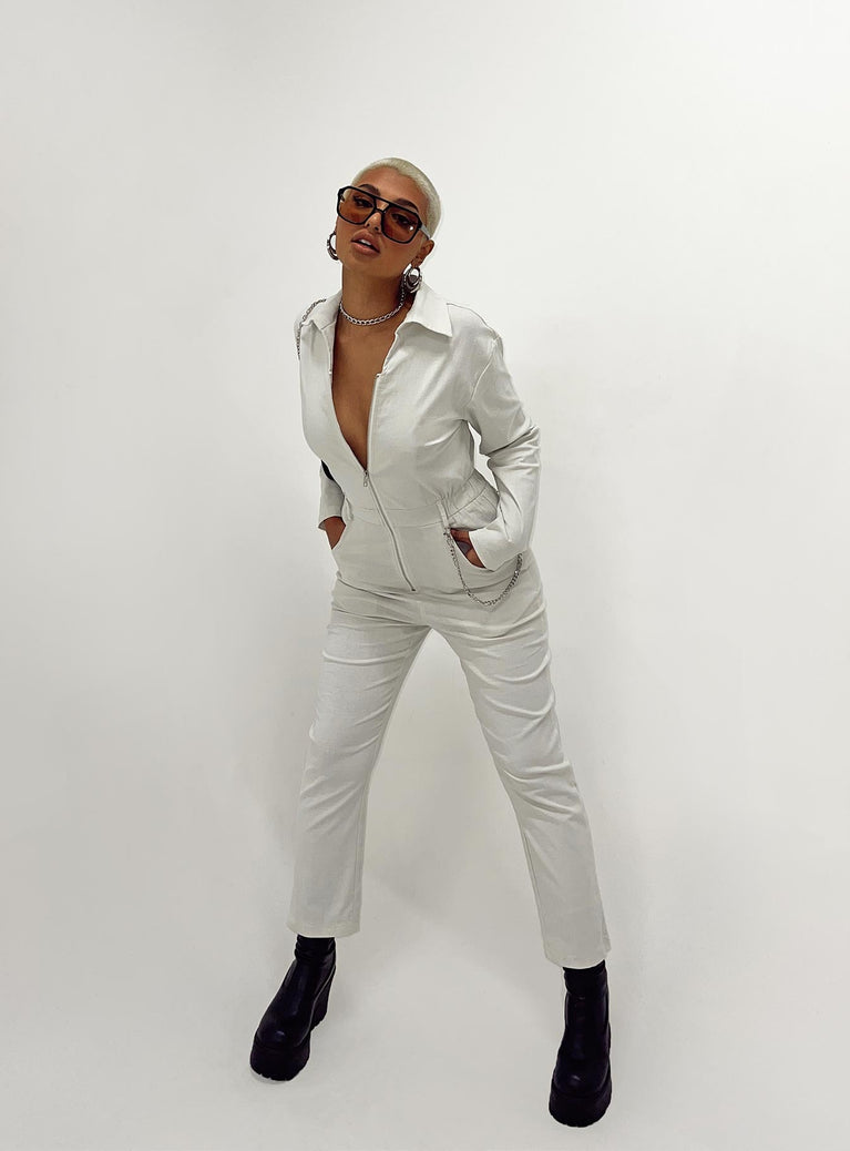 Long sleeve boiler suit Princess Polly Exclusive 96% cotton 4% elastane  Classic collar  Silver-toned zip front fastening  Elasticated waistband Belt looped waist  Twin hip pockets  Straight leg 
