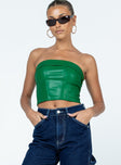 Strapless top Faux leather material  Inner silicone strip  Zip fastening at back Slight stretch
