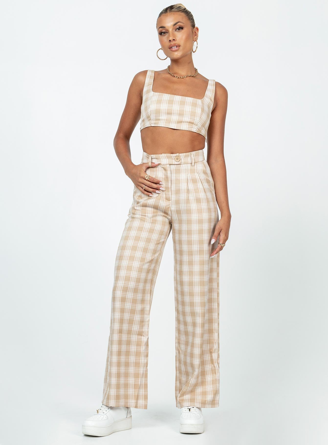 Matching set Check print Crop top Invisible zip fastening at side High waisted pants Wide leg Belt looped waist Zip & button fastening