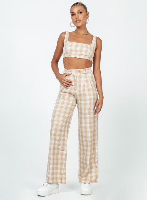 Matching set Check print Crop top Invisible zip fastening at side High waisted pants Wide leg Belt looped waist Zip & button fastening