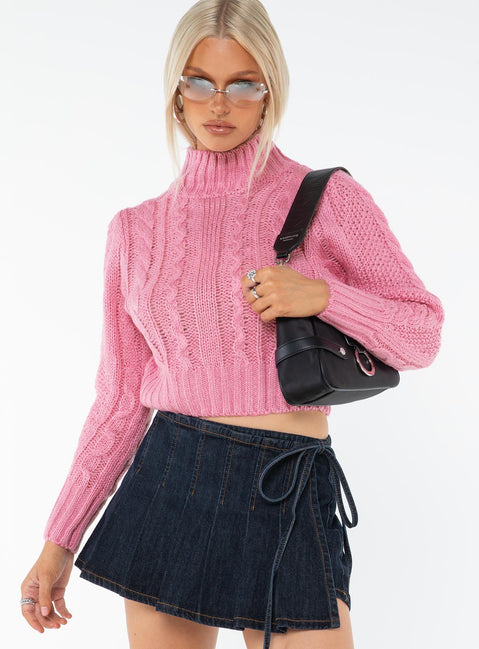Cable knit cropped sweater, mock neck Good stretch, unlined