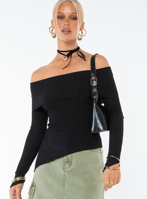 Sweater Soft ribbed material Off-the-shoulder design Asymmetric hem Semi-sheer Good stretch