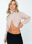 Beige jumper Knit material  Roll turtle neck  Cross over front  Fitted cuffs 