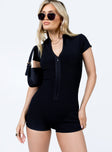 Playsuit Ribbed material  Classic collar  Zip front fastening  Cap sleeves 