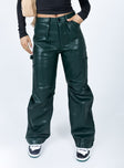 Pants 100% PU Faux leather material  Zip & button fastening  Belt looped waist  Six pockets  Pleated at inner thigh  Wide leg 