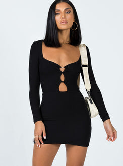 Long sleeve mini dress Slim fitting  Princess Polly Exclusive Outer: 95% rayon 5% elastane  Lining: 95% polyester 5% elastane  Wide neckline  Silver-toned heart ring at bust  Keyhole cut out  Open back 