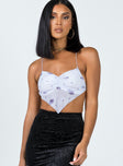Crop top  Slim fitting  Princess Polly Exclusive 95% polyester 5％ Spandex Floral print  Sheer mesh material  Ruched detail at bust  Back tie fastening  Pointed hem  Lined bust 