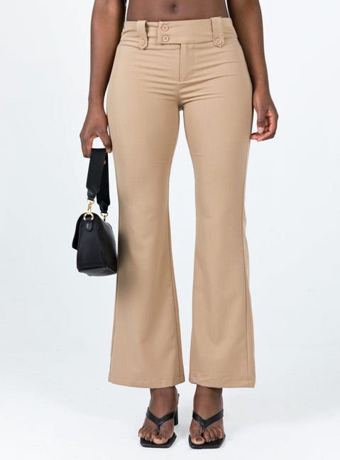 Pants Belt looped waist Zip & button fastening Faux back pockets Button detailing throughout Low waisted Slim leg Flared hem