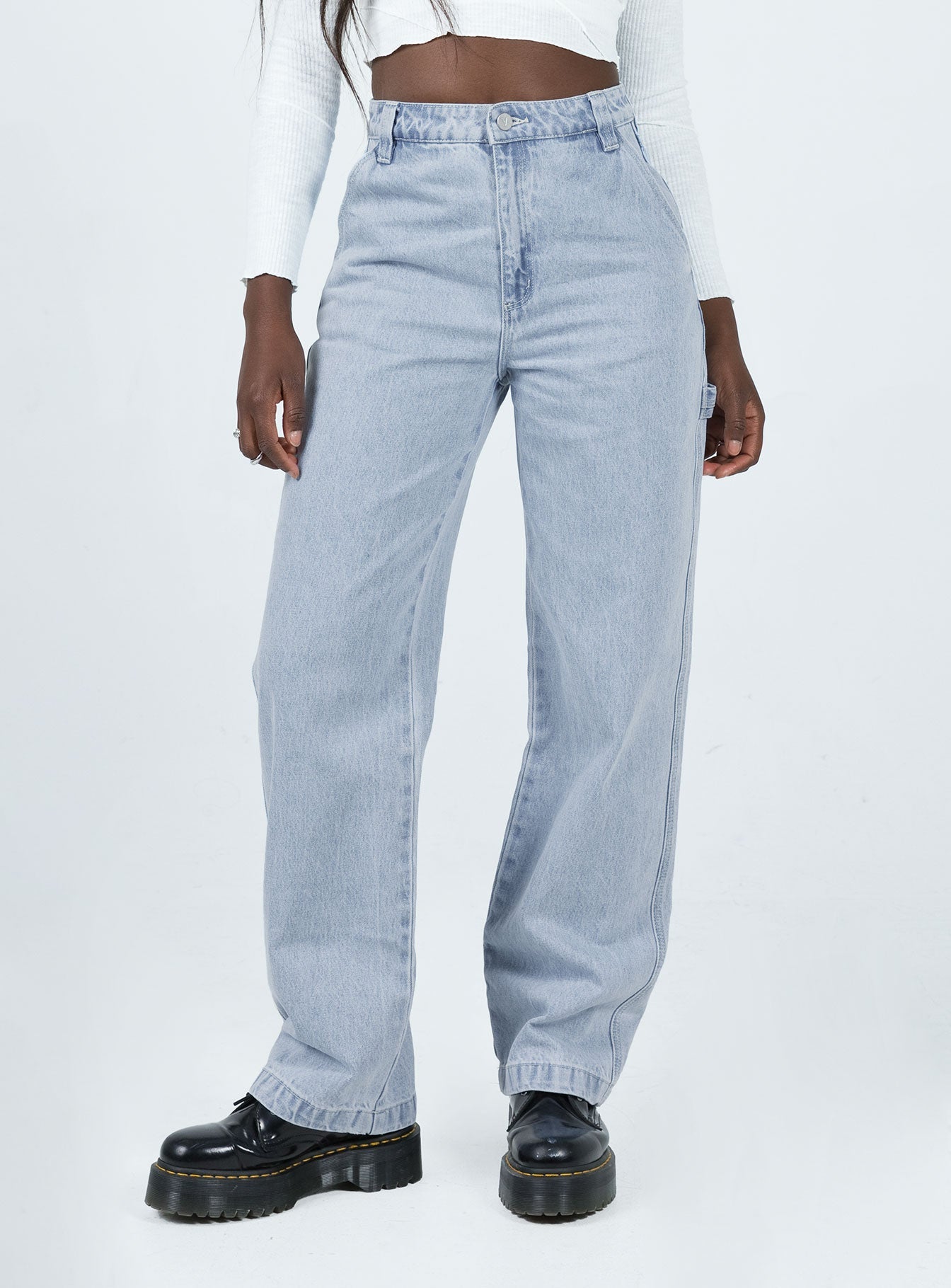 Jeans Light wash denim Belt looped waist Five-pocket design Zip & button fastening Mid-rise Branded patch on back Wide leg