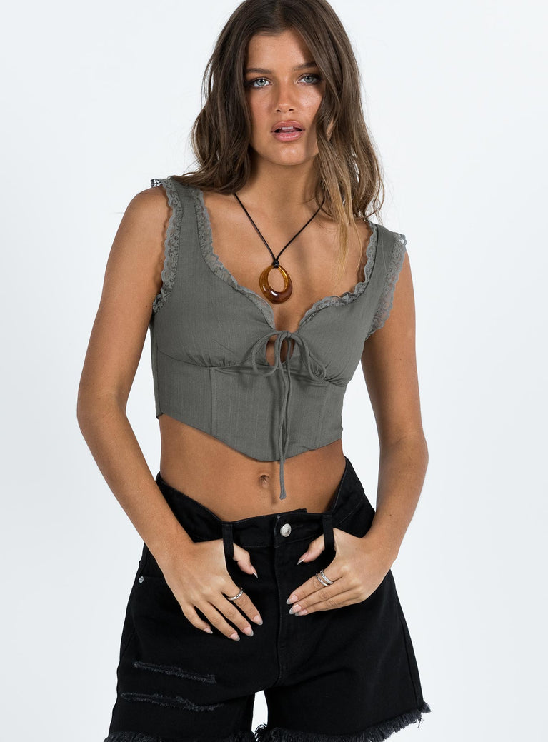 Slate grey slim fitting top Fixed shoulder straps V-neckline Lace trim Boning though front Invisible zip fastening at side