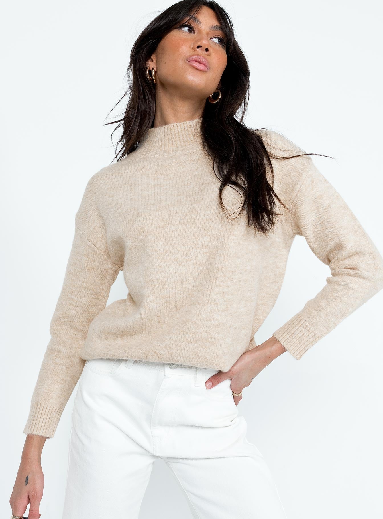 Beige sweater Knit material  Mock neck 