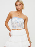Strapless top, floral print  Crop style, sheer material, ruched bust, lace trimming  and bow detail, invisible zip fastening at side 