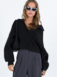 Black sweater Soft knit material V neckline Oversized collar Balloon style sleeves Drop shoulder Unlined