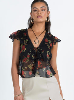 Crop top Floral print Lace trim  Cap sleeve  V neckline Tie fastening at bust