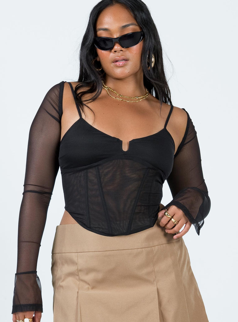 Two piece top Sheer mesh material Corset top Adjustable shoulder straps Wired U neckline Zip fastening at back Boning throughout Curved hem Long sleeve bolero Slit at cuff