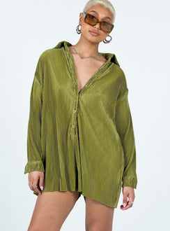 Green romper Silky material  Pleated design  Classic collar  Button front fastening  Drop shoulder  Button fastening at cuffs Raw cut hem 