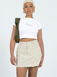 Mini skirt Denim material A-line design Belt looped waist Classic five-pocket design Zip & button fastening Raw edge hem