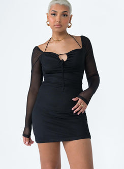 Long sleeve mini dress Sheer mesh sleeves  Halter neck tie fastening  Adjustable tie at bust 