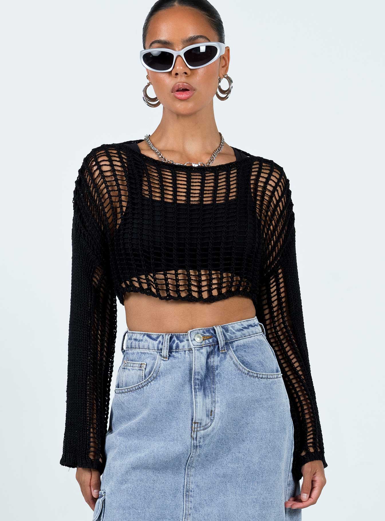 Cropped sweater Mesh crochet material Wide neckline  Drop shoulder  Good stretch  Unlined 