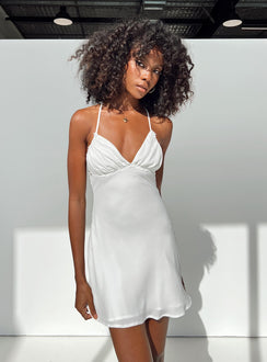 White mini dress Adjustable shoulder straps V neckline Knitted lace detail Cross straps at back Invisible zip fastening at side