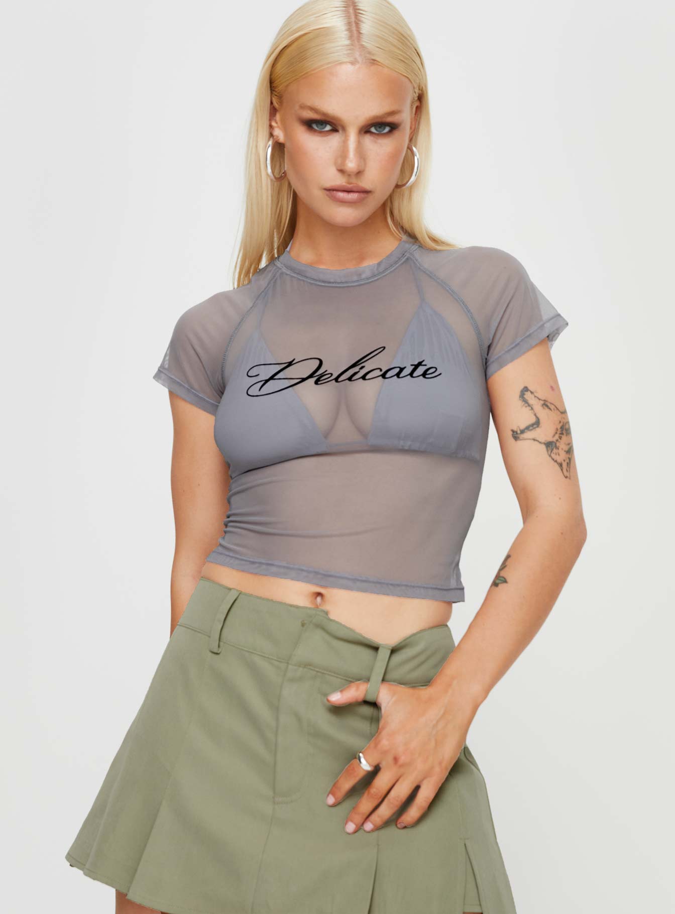 Grey Crop top Graphic sheer mesh material scooped neckline bralette top with tie fastening