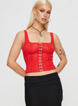 Red Top Slim fitting lace material square neckline hook and eye fastening at front