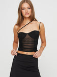 Mesh bustier top Asymmetric adjustable shoulder straps, ruching at front Good stretch, lined bust