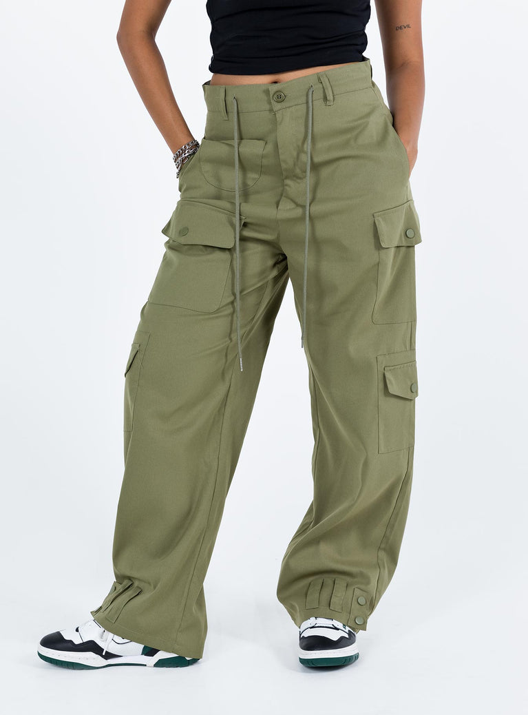 Cargo pants High rise Belt looped waist Zip and button fastening Drawstring at waist Seven pocket design Faux back pockets Straight leg