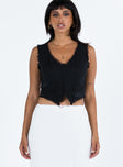 Black top Lace trimming  V neckline  Hook and eye front fastening  Non stretch Fully lined 