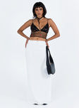 White maxi skirt Pointelle material High rise Thin elasticated waistband Lace trim Flower detail Good stretch Mesh lined