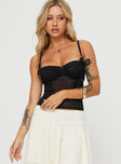Mesh cami top Adjustable shoulder straps, pinched bust, bow details, faux boning, invisible zip fastening at side