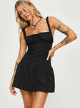 Mini dress Elasticated shoulder straps, square neckline, invisible zip fastening at side, faux button down front, tiered skirt