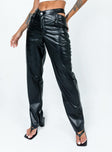 Pants Faux leather material  Semi-detached waistband  Zip & button fastening  Belt looped waist  Classic five-pocket design  Straight leg  Slight stretch 