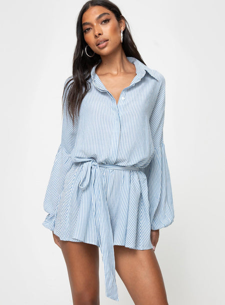Long sleeve playsuit, striped print Classic collar, button fastening at front, drop shoulder, elasticated cuffs, adjustable and removable waist tie