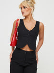 Vest top V-neckline, button fastening at front, split hem Non-stretch material, partially lined