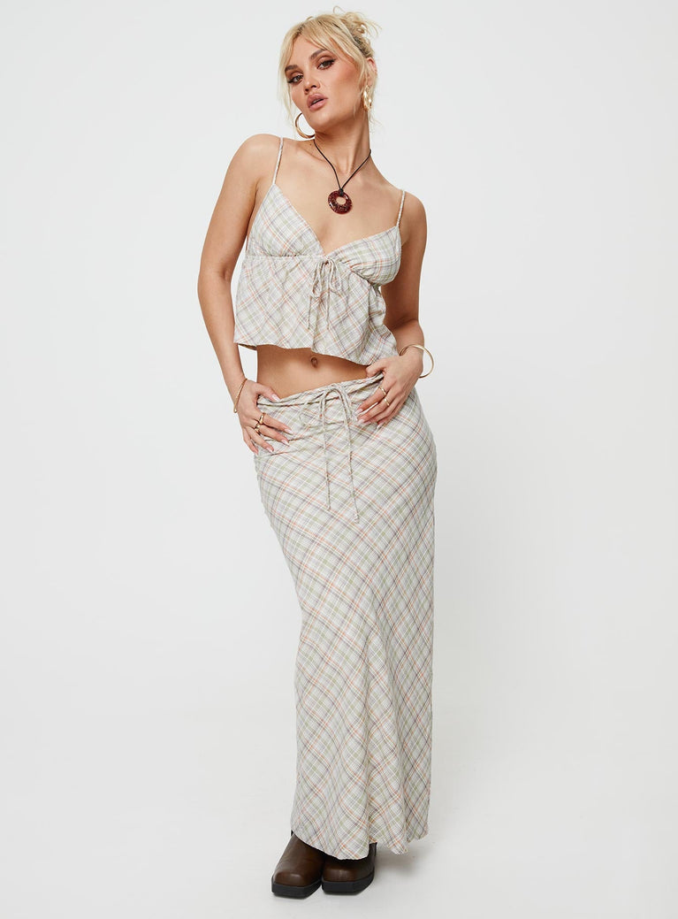 Check print matching set Crop top, adjustable shoulder straps, v-neckline, tie fastening at bust Maxi skirt, mid-rise, invisible zip fastening