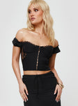 Corset top Satin & lace material, puff sleeves  Wired cups, hook and eye fastening at front