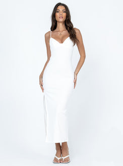 Maxi dress Ribbed material  Adjustable shoulder straps  Cut out sides  Invisible zip fastening at back  High side slit 