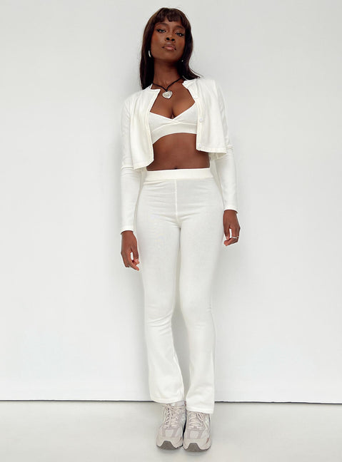 Matching set Knit material Crop top Halter neck tie  Long sleeve cardigan High neckline Button fastening at front Pants High rise Elasticated waistband Slim leg