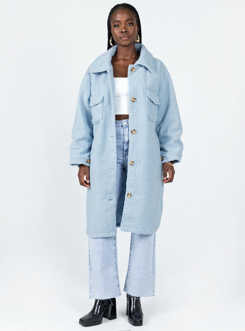 Oversized jacket Faux fur material  Classic collar Button front fastening  Twin hip pockets 