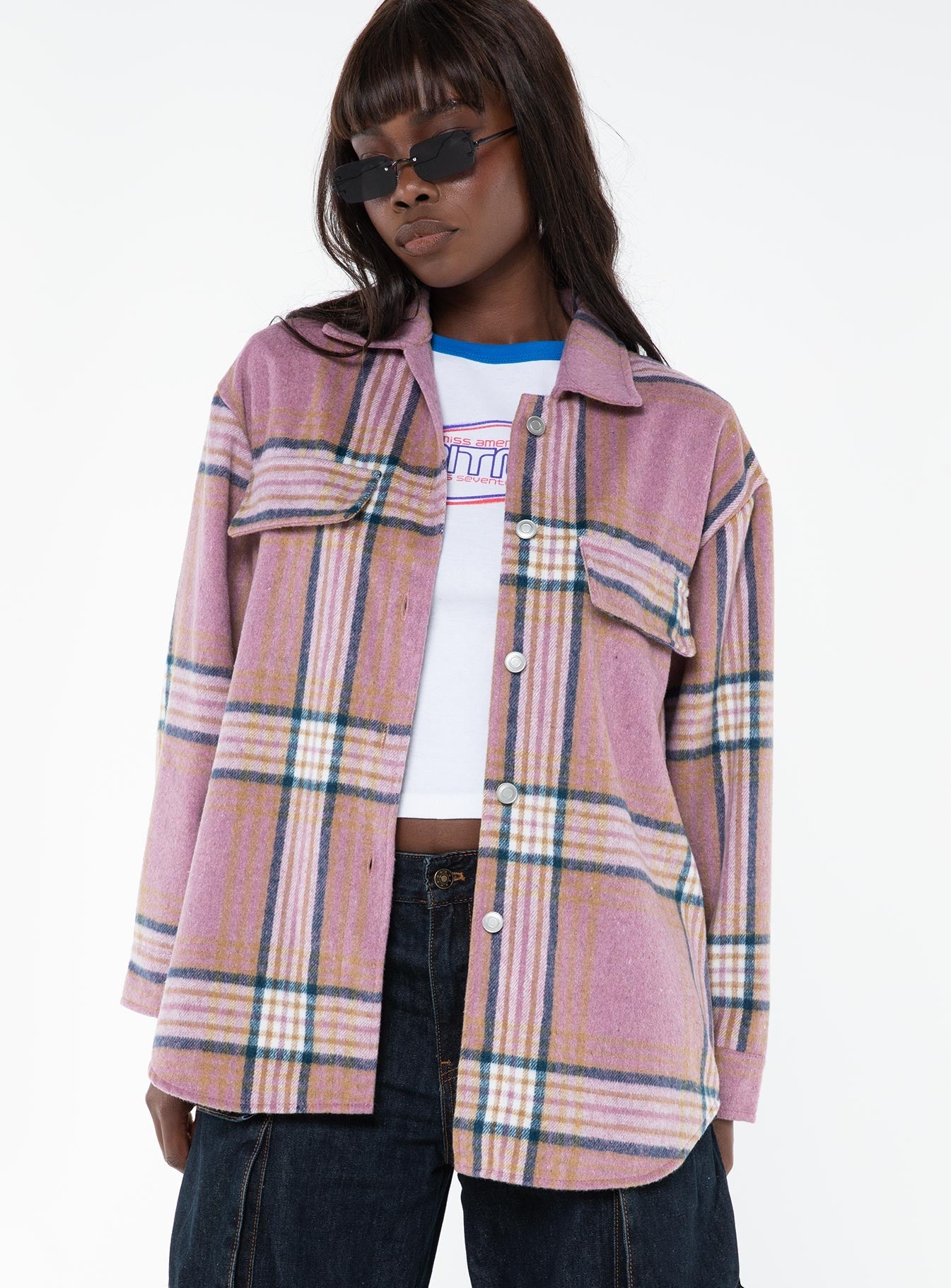 Plaid shacket Classic collar, button fastening at front, faux chest pockets, single button cuff