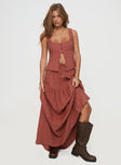 Rust Linen maxi skirt Relaxed fit, elasticated drawstring waist, tiered design