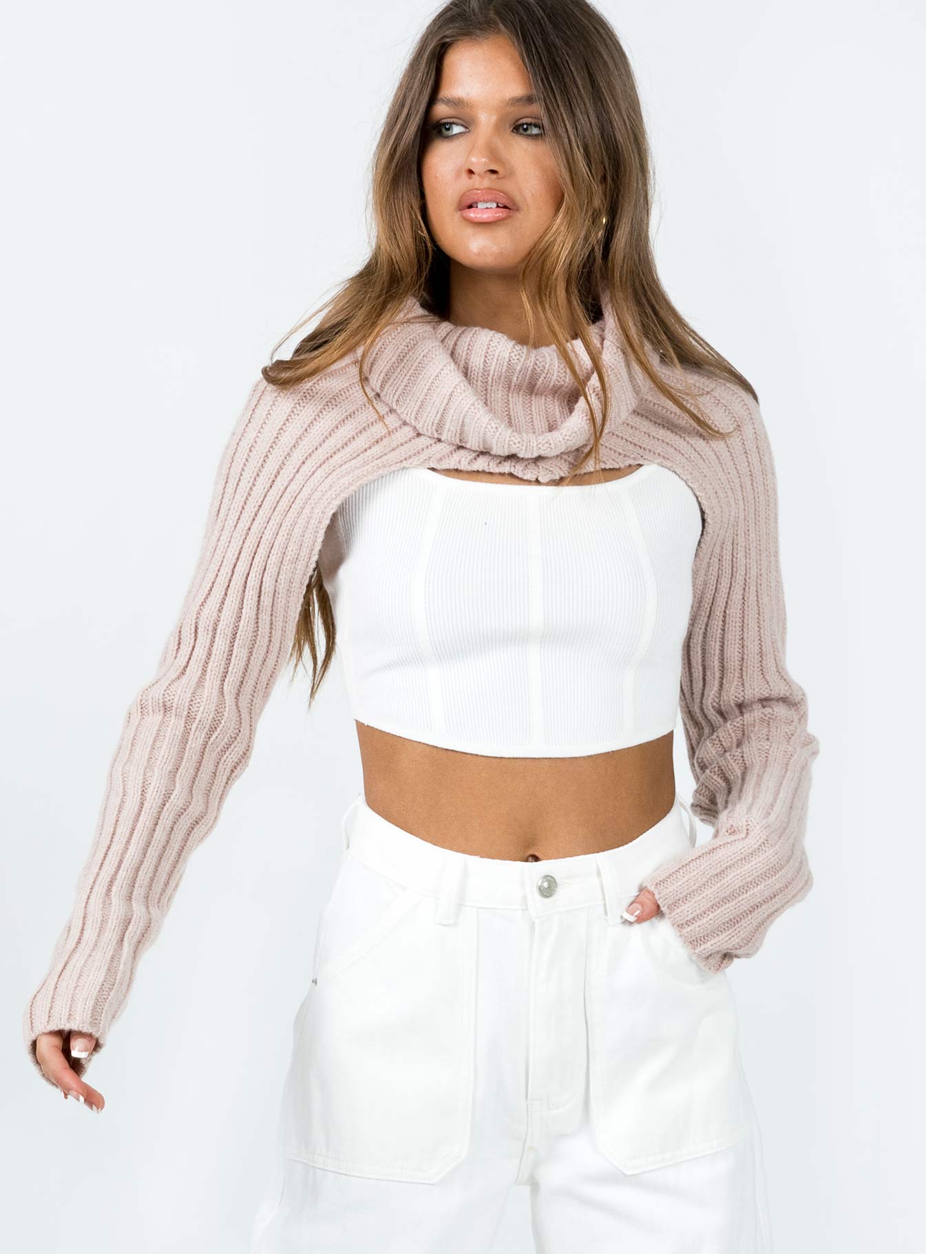 Bolero Ribbed knit material Turtle neck Cropped back