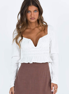 White long sleeve top Linen look material Square neckline V wired bust Tie at back of neck Elasticated bands at waist Shirred back Frill hem Ruching at cuffs Good stretch Lined front