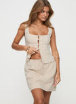 Beige Linen mini skirt Relaxed fit, elasticated drawstring waist
