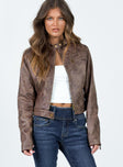 Moto jacket Faux leather material  Zip & button fastenings Double chest pockets  Non-stretch 