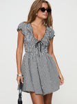 Black and white Gingham romper Puff sleeve, deep v neckline, shirred material, invisible zip fastening down back