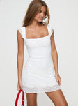 White Mini dress Straight neckline, cap sleeves, lettuce edge hem